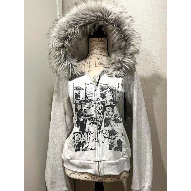 Women'S Fashion Zip Hoodie - Grey Faux Fur Wool Double Zipper