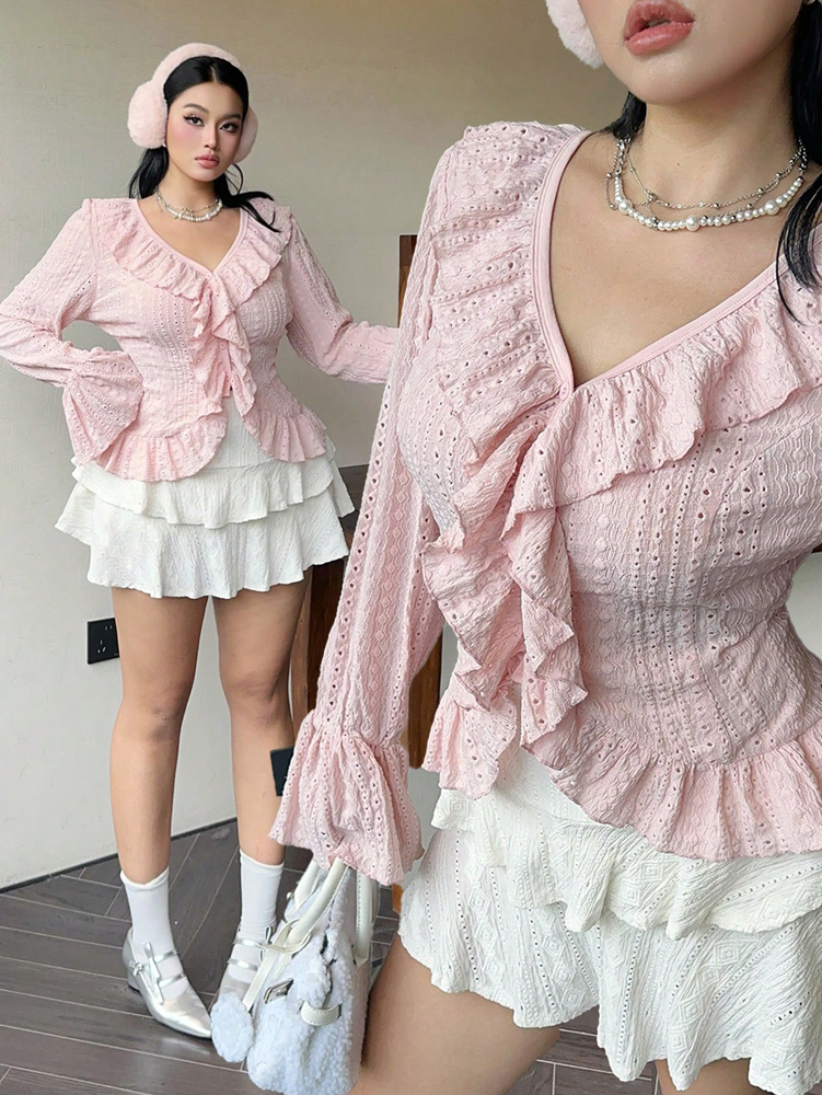 Puff Sleeve Blouse - Plus Size Womens Elegant French Ruffle