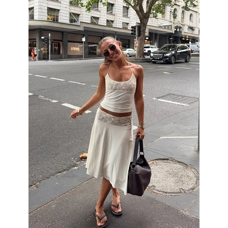 Women'S Fashion Suit - Sexy Lace Patchwork Sling Top Irregular