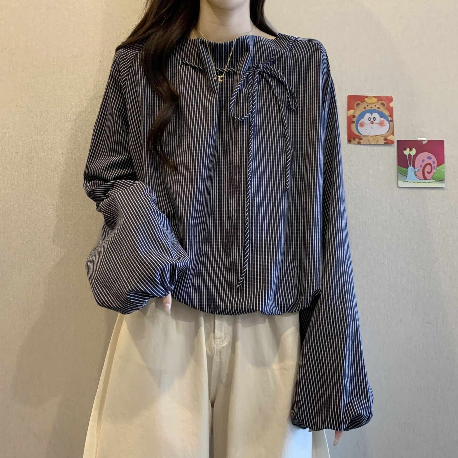 Puff Sleeve Blouse - Women's Striped Blouse with Tie Neck,