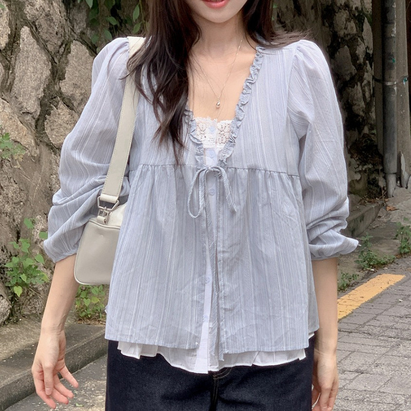 Puff Sleeve Blouse - Women's Blue Ruffled V-Neck Blouse, Long