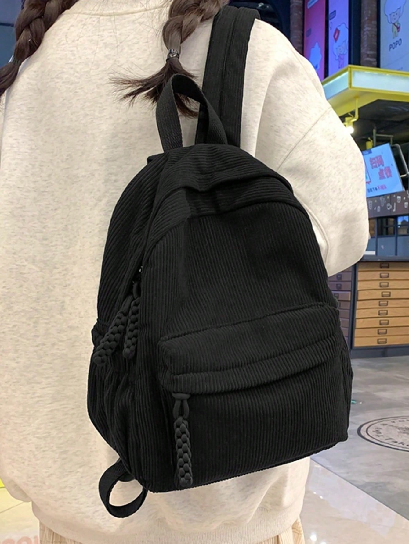 Women'S Fashion Backpack - Solid Color Corduroy Fabric Fashionable And
