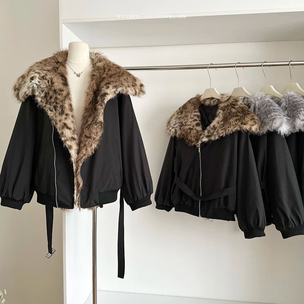 Women'S Fashion Quarter Zip - Retro Leopard Thick Faux Fur Coat