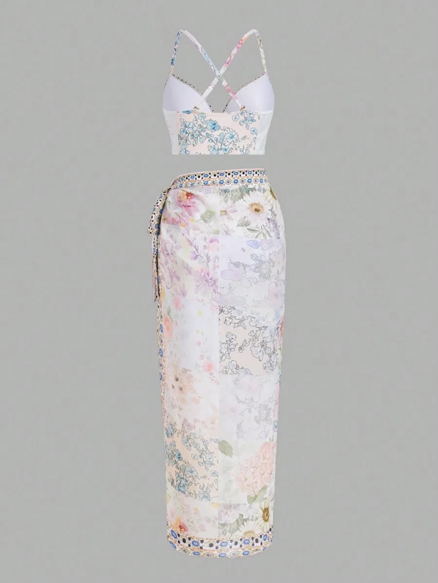 Printed Wrap Skirt - Women Floral Print Bikini Set With