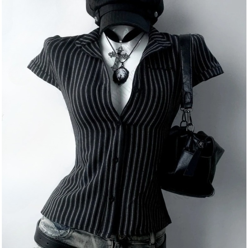 Women'S Y2K Fashion Aesthetic - Y2K Striped Slim Fit Short Sleeved