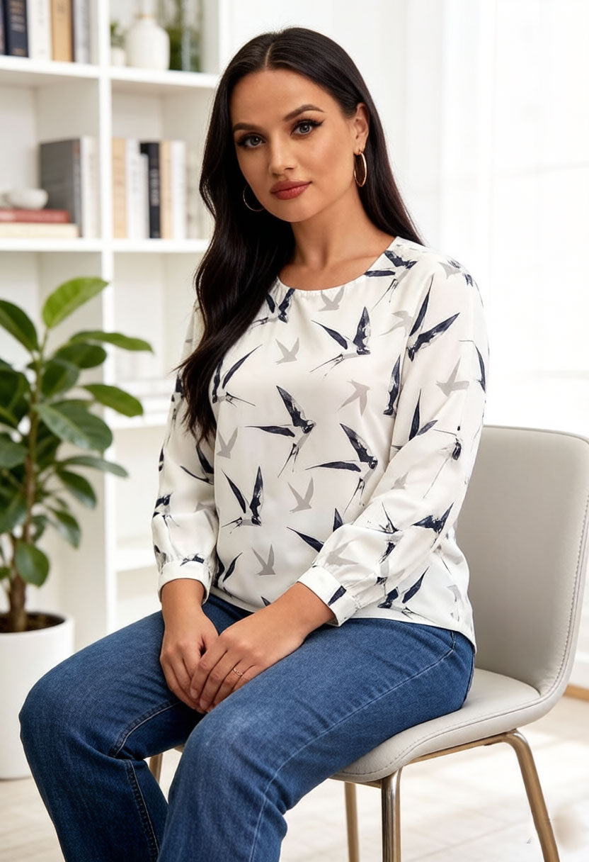 Puff Sleeve Blouse - Women Bird Print Blouse Chiffon Top