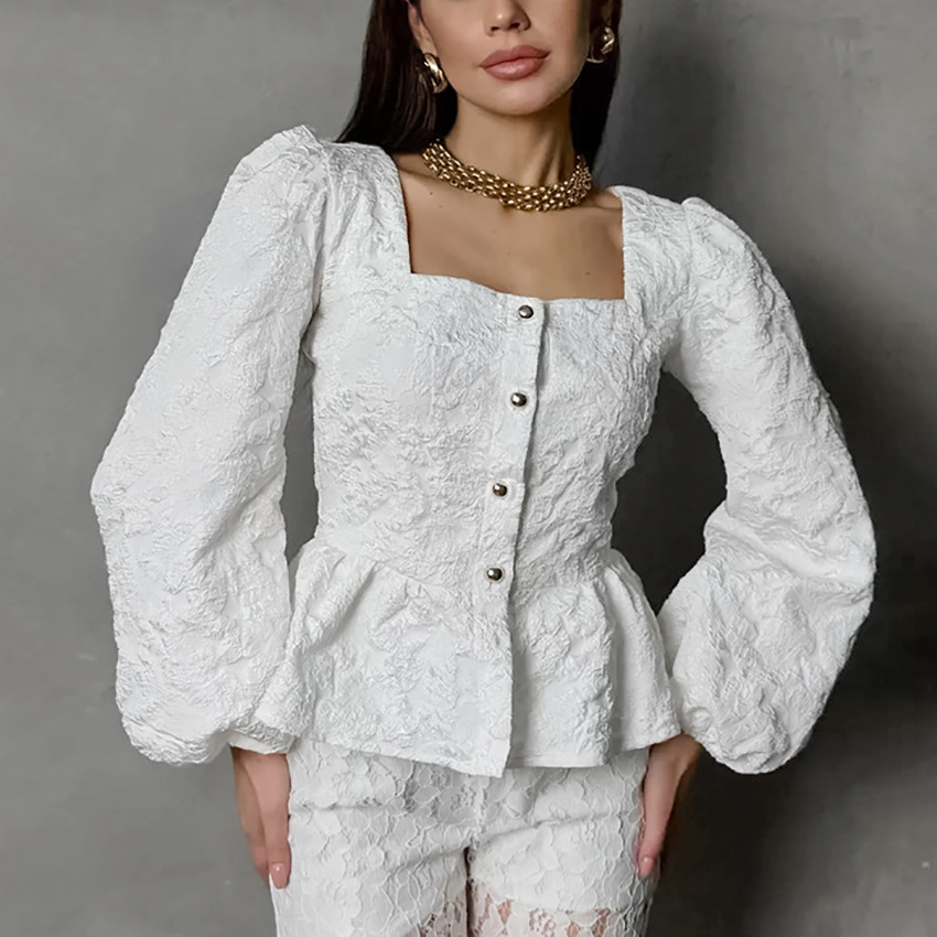 Ladies Elegant Jacquard Square - مراجعة Puff Sleeve Blouse وسعره