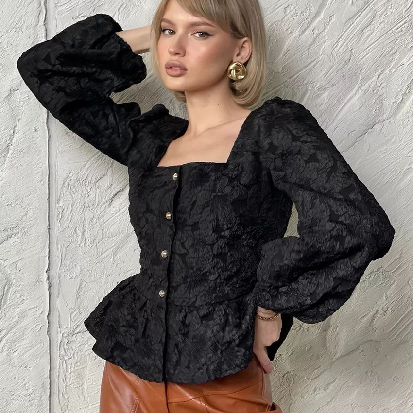 Ladies Elegant Jacquard Square - مراجعة Puff Sleeve Blouse وسعره