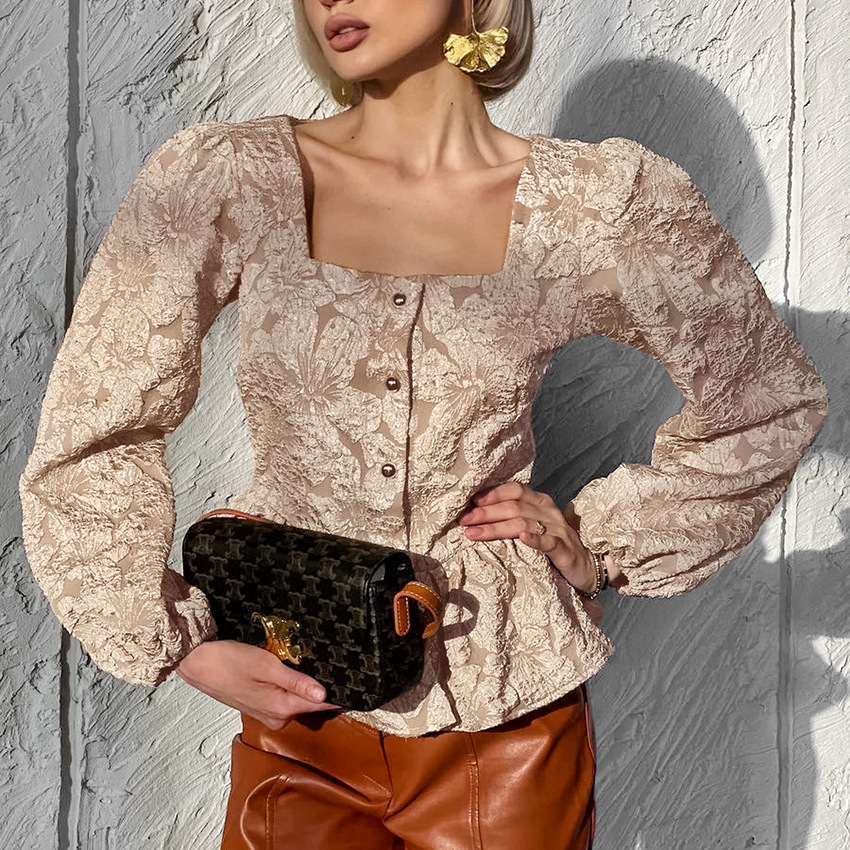 Ladies Elegant Jacquard Square - مراجعة Puff Sleeve Blouse وسعره