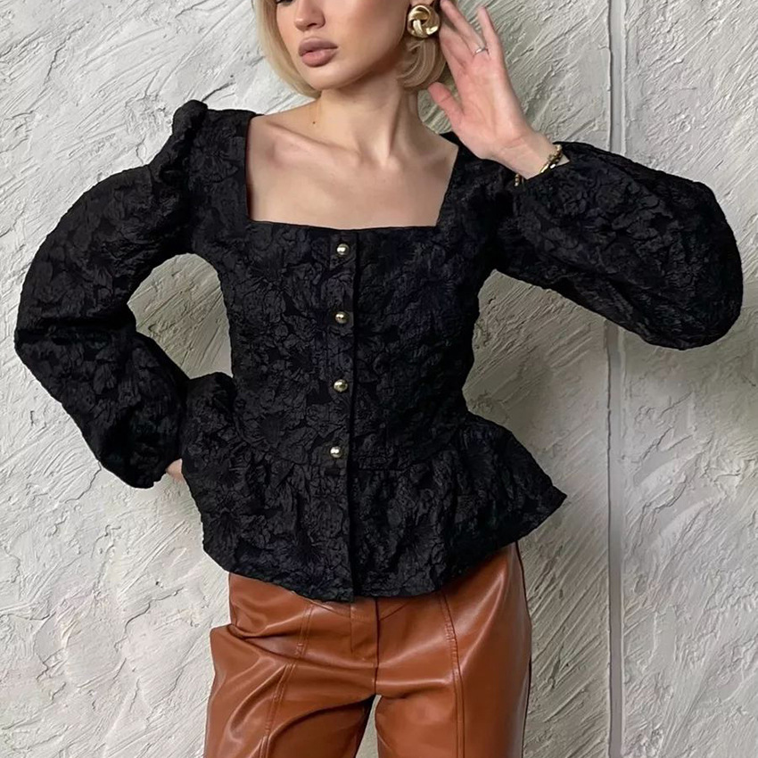 Ladies Elegant Jacquard Square - مراجعة Puff Sleeve Blouse وسعره