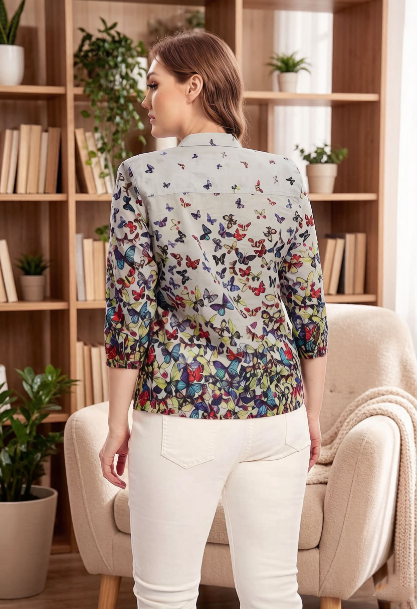 Women Butterfly Print Blouse C - مراجعة Puff Sleeve Blouse وسعره