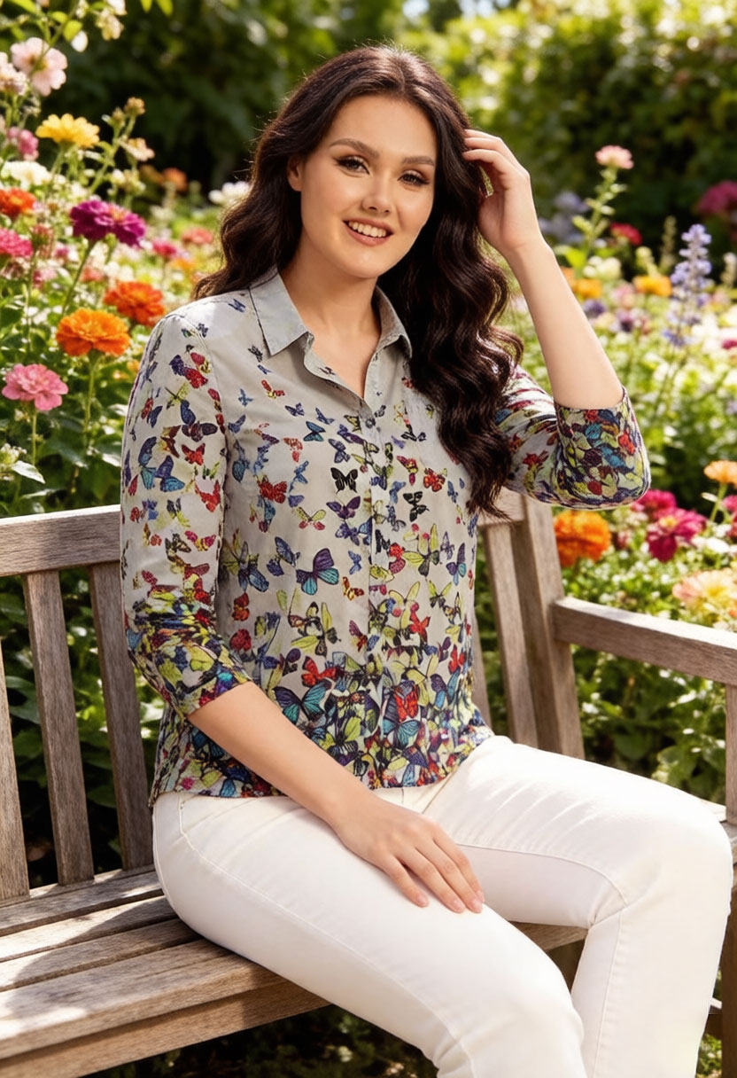 Women Butterfly Print Blouse C - مراجعة Puff Sleeve Blouse وسعره
