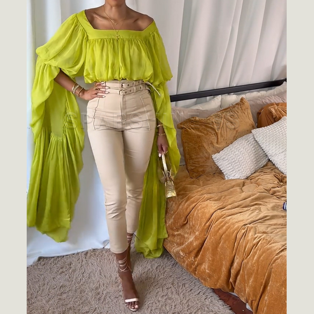 Women Chiffon Crop Top, Puff L - مراجعة Puff Sleeve Blouse وسعره
