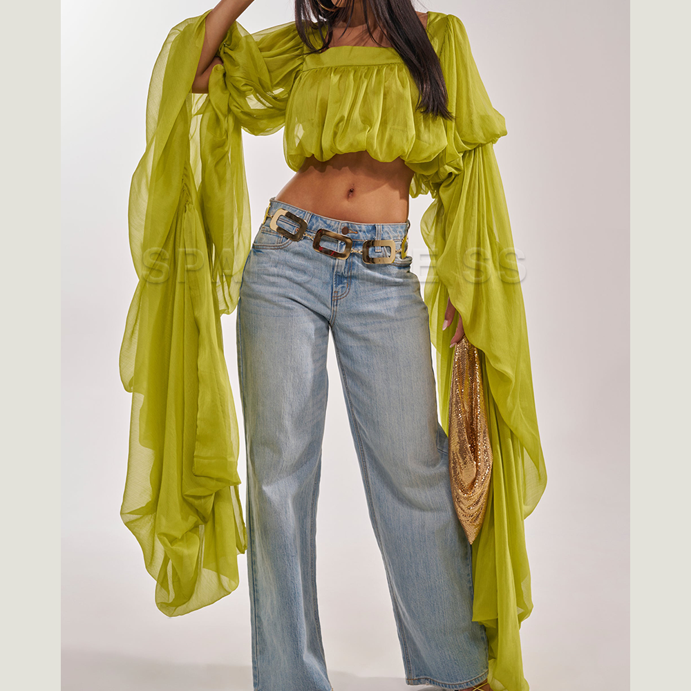 Women Chiffon Crop Top, Puff L - مراجعة Puff Sleeve Blouse وسعره