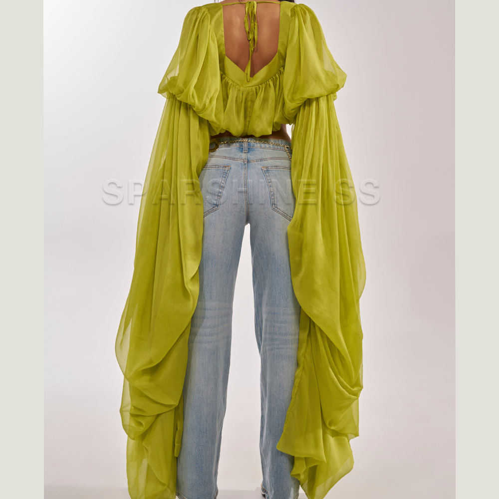 Women Chiffon Crop Top, Puff L - مراجعة Puff Sleeve Blouse وسعره