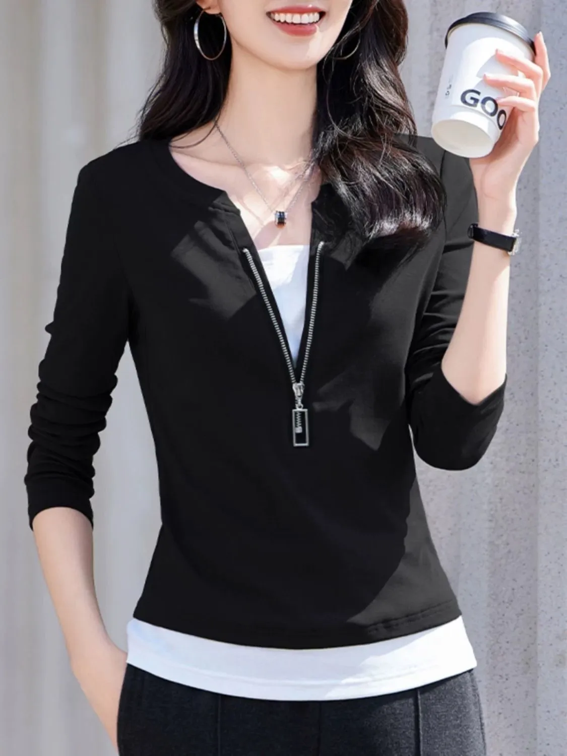 Women's Fashion V-Neck Zip Lon - مراجعة Women'S Fashion Quarter Zip وسعره