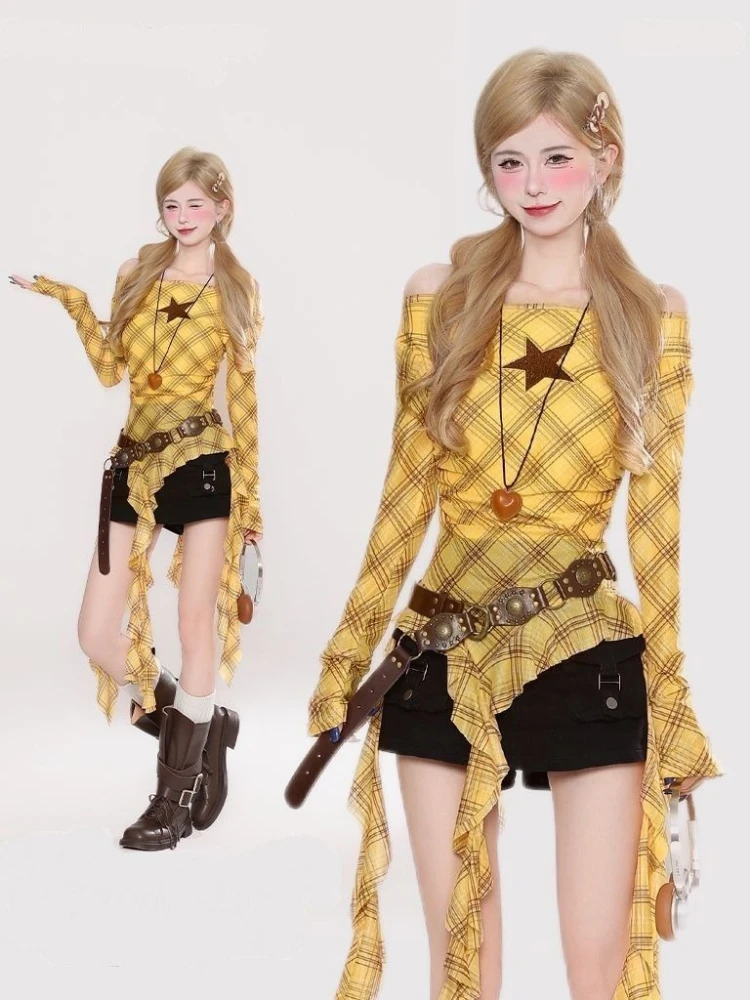 Y2K Plaid Slash Neck Vintage T - مراجعة Women'S Y2K Fashion Aesthetic وسعره