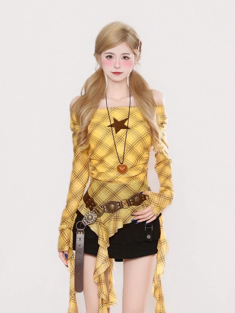 Y2K Plaid Slash Neck Vintage T - مراجعة Women'S Y2K Fashion Aesthetic وسعره