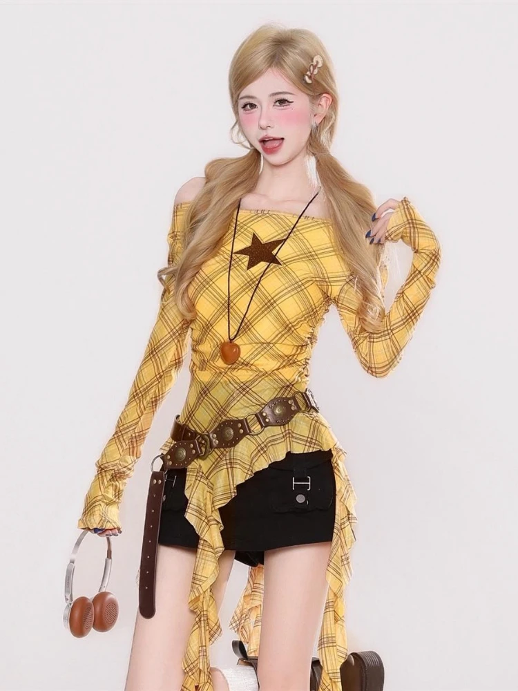 Y2K Plaid Slash Neck Vintage T - مراجعة Women'S Y2K Fashion Aesthetic وسعره