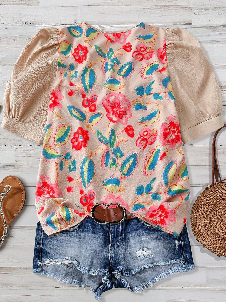 Plus Size Women V-Neck Ditsy F - مراجعة Puff Sleeve Blouse وسعره