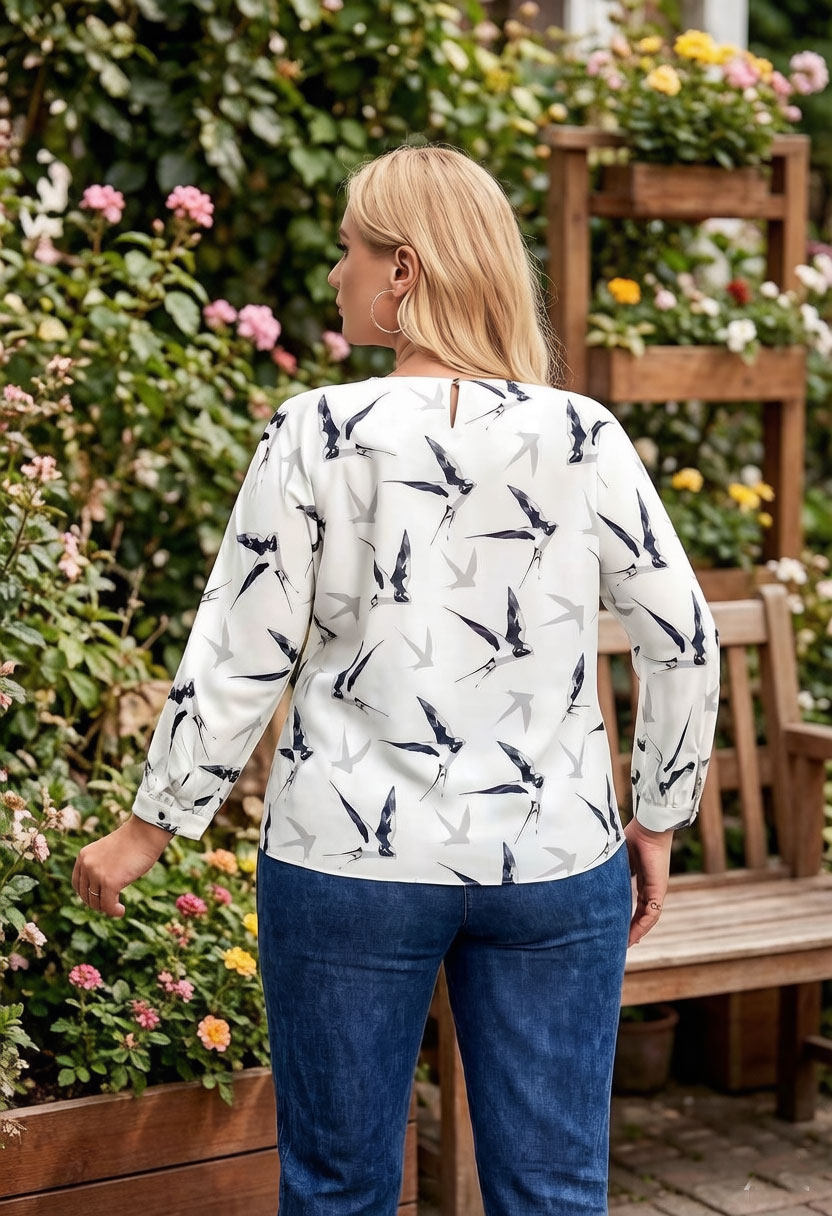 Women Bird Print Blouse Chiffo - مراجعة Puff Sleeve Blouse وسعره